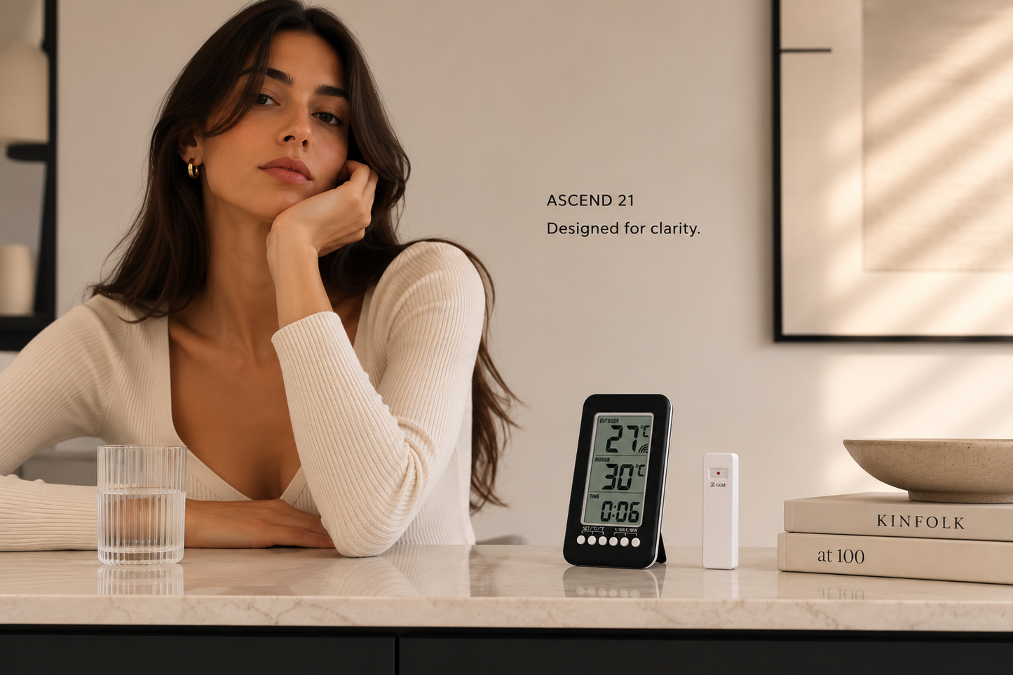 ASCEND 21 Funk-Thermometer mit Außensensor – Digitales Innen- & Außenthermometer mit LCD-Display, Funkübertragung, Min-/Max-Anzeige, Uhrzeit, Tischaufsteller & Wandmontage, Schwarz