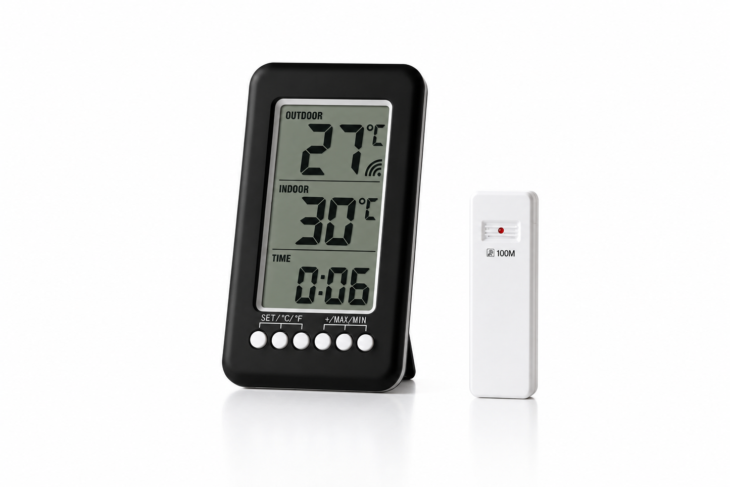 ASCEND 21 Funk-Thermometer mit Außensensor – Digitales Innen- & Außenthermometer mit LCD-Display, Funkübertragung, Min-/Max-Anzeige, Uhrzeit, Tischaufsteller & Wandmontage, Schwarz