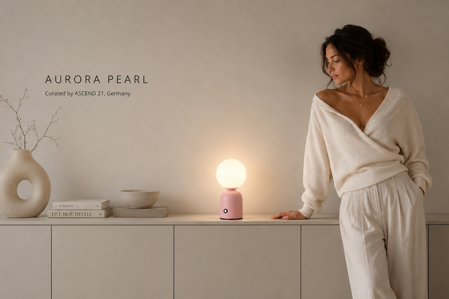 ASCEND 21 Aurora Pearl – Design-Tischlampe in Rosa – Kugellampe mit opalem Leuchtkopf – Minimalistische LED-Tischleuchte für Wohnzimmer, Schlafzimmer & Nachttisch – 23 x 8 cm