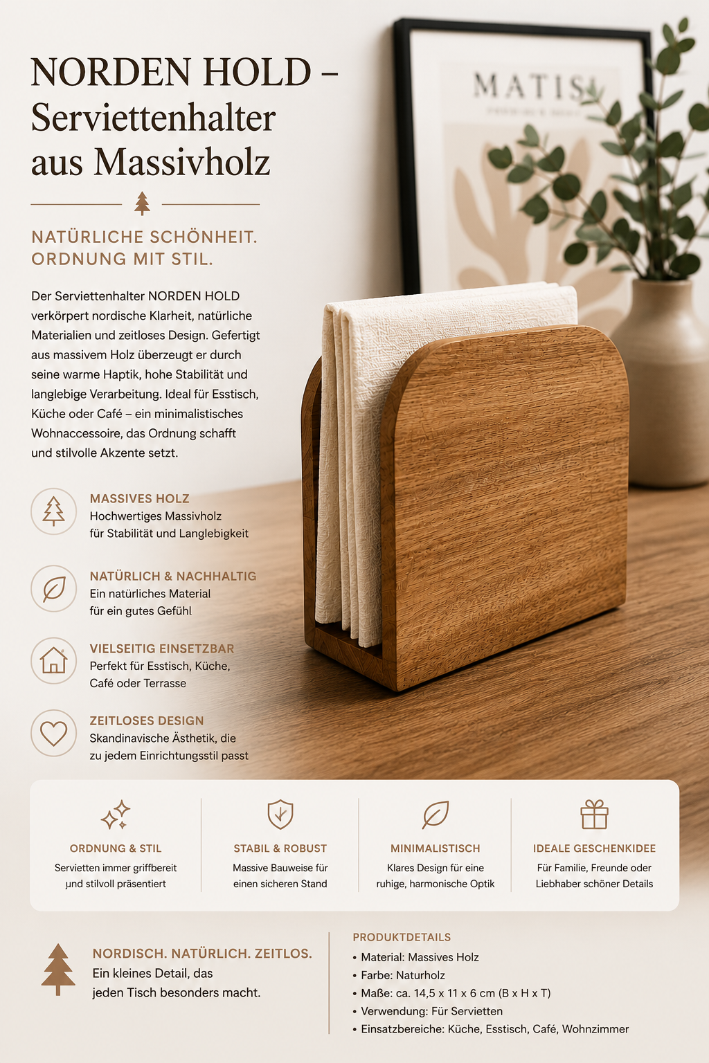 ASCEND 21 NORDEN HOLD – Serviettenhalter aus Massivholz | Moderner Holz Serviettenhalter im skandinavischen Design | Serviettenständer für Küche, Esstisch, Café, Restaurant & Tischdekoration