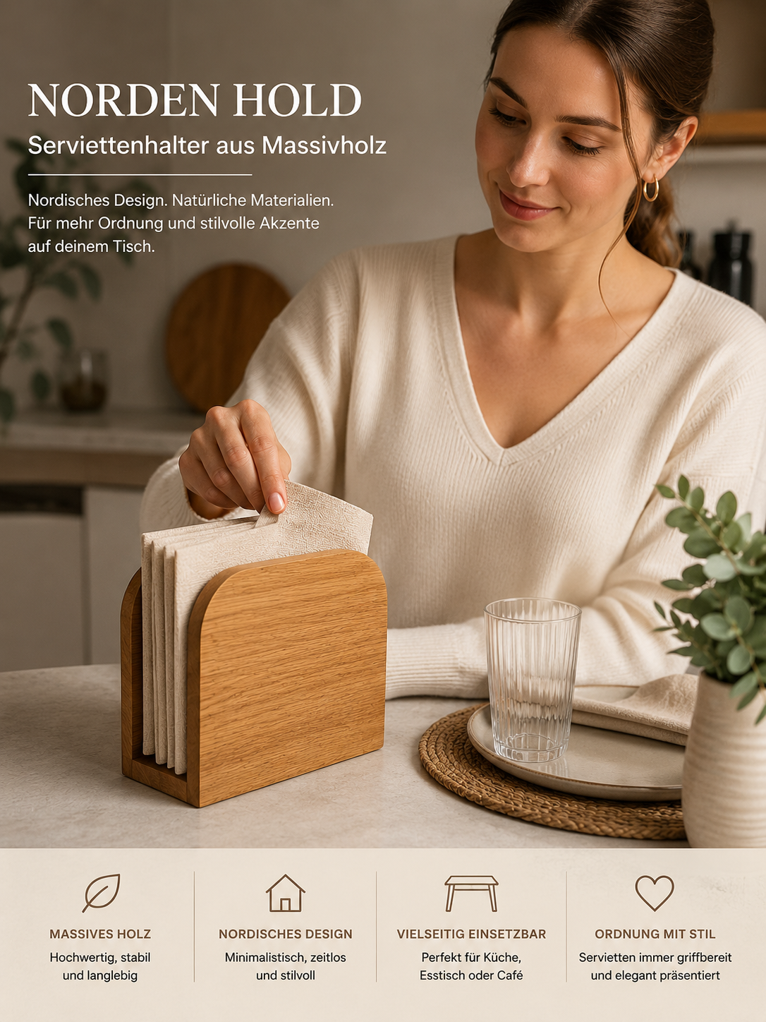 ASCEND 21 NORDEN HOLD – Serviettenhalter aus Massivholz | Moderner Holz Serviettenhalter im skandinavischen Design | Serviettenständer für Küche, Esstisch, Café, Restaurant & Tischdekoration