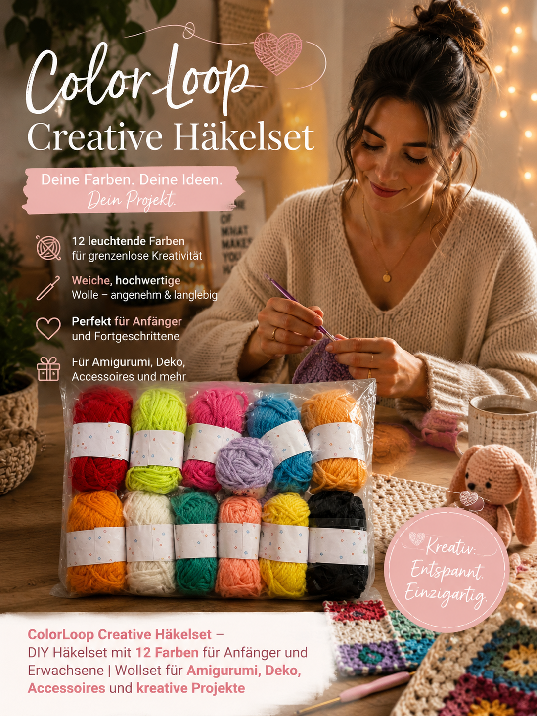 ColorLoop Creative Häkelset – DIY Häkelset mit 12 Farben für Anfänger und Erwachsene | Wollset für Amigurumi, Deko, Accessoires und kreative Projekte