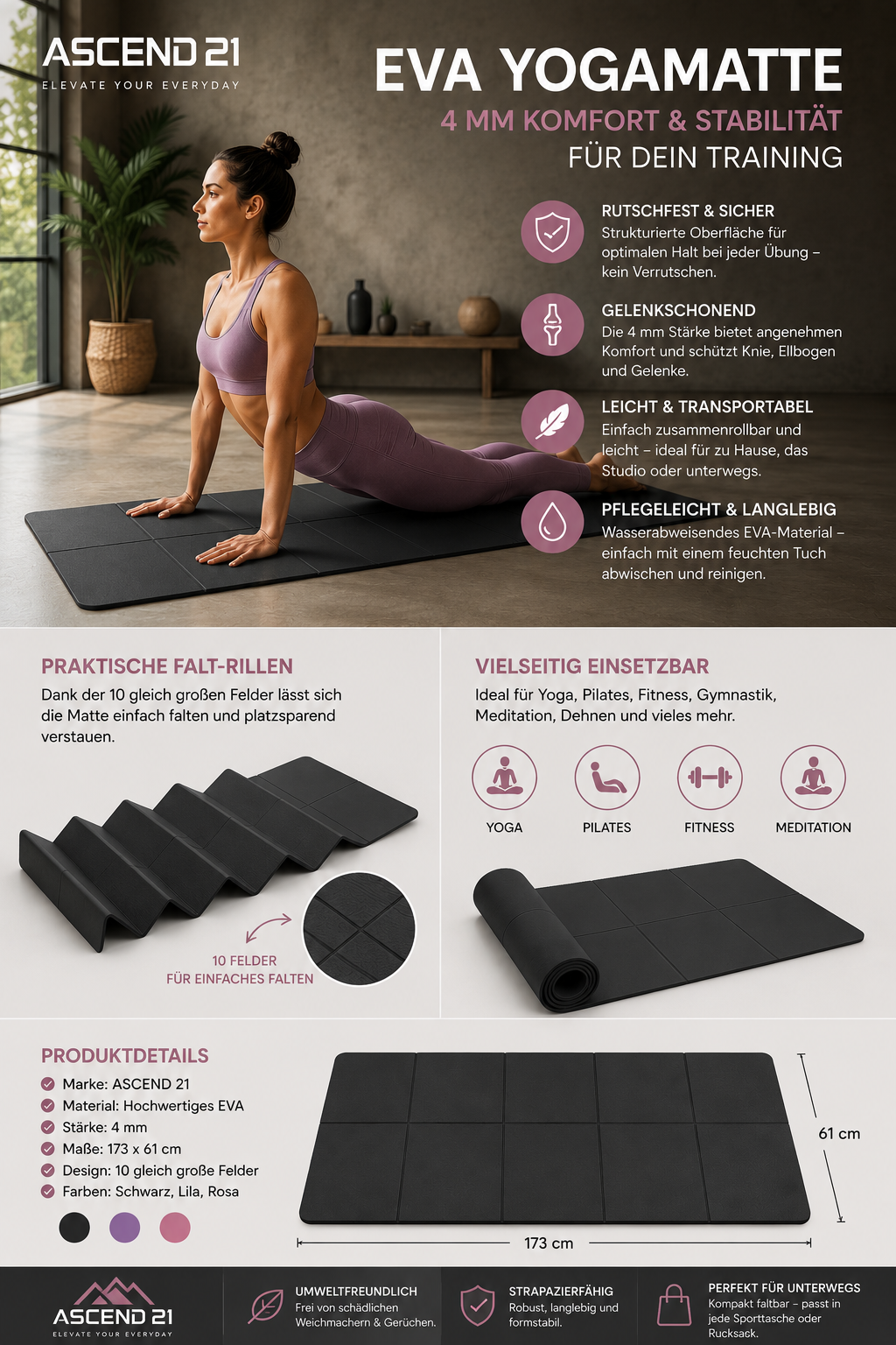 ASCEND 21 Yogamatte EVA 4 mm – Rutschfeste Fitnessmatte für Yoga, Pilates & Gymnastik – Trainingsmatte Schwarz 173 x 61 cm – Leicht, Pflegeleicht & Gelenkschonend