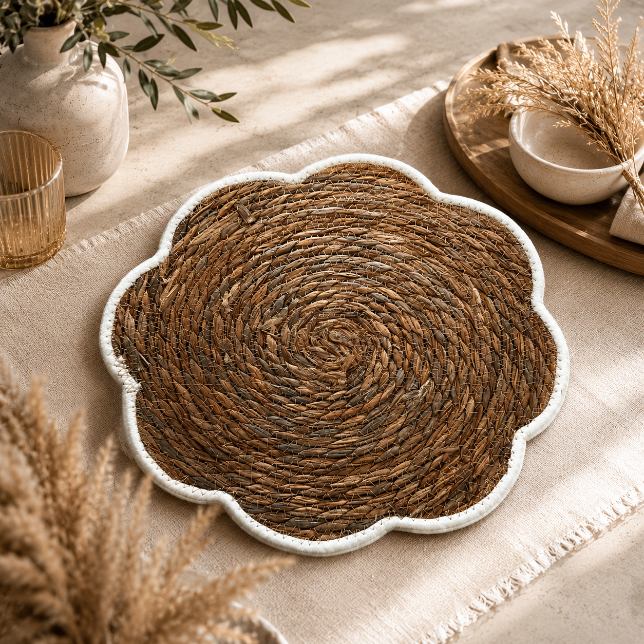 ASCEND 21 Boho Tischset Blume aus Naturfaser – Dekoratives geflochtenes Platzset im Naturdesign für Esstisch, Küche & Wohnaccessoires