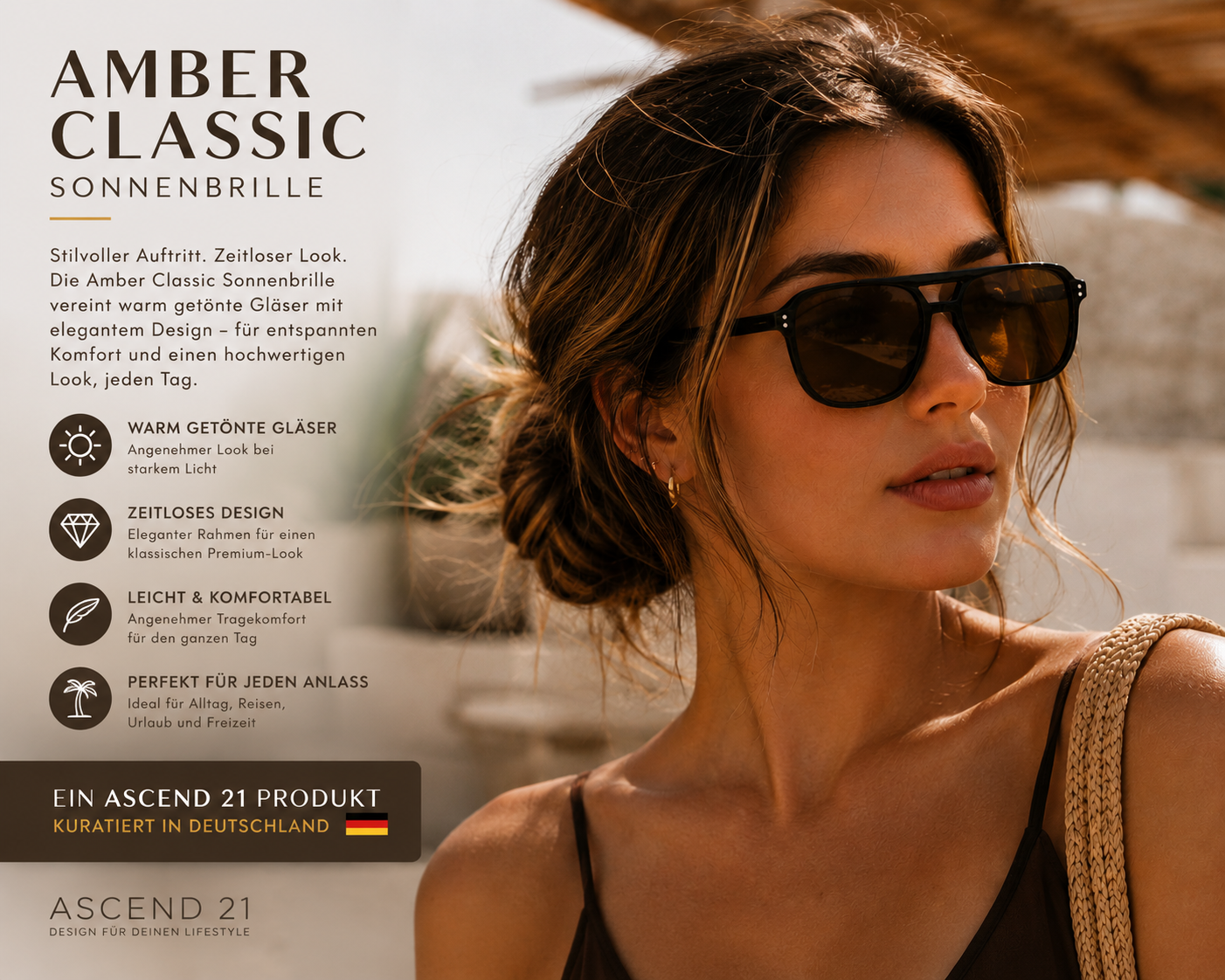 ASCEND 21 Amber Classic Sonnenbrille – Klassische Damen & Herren Sonnenbrille mit warm getönten Gläsern, zeitloser Rahmen, stilvoll für Alltag & Urlaub