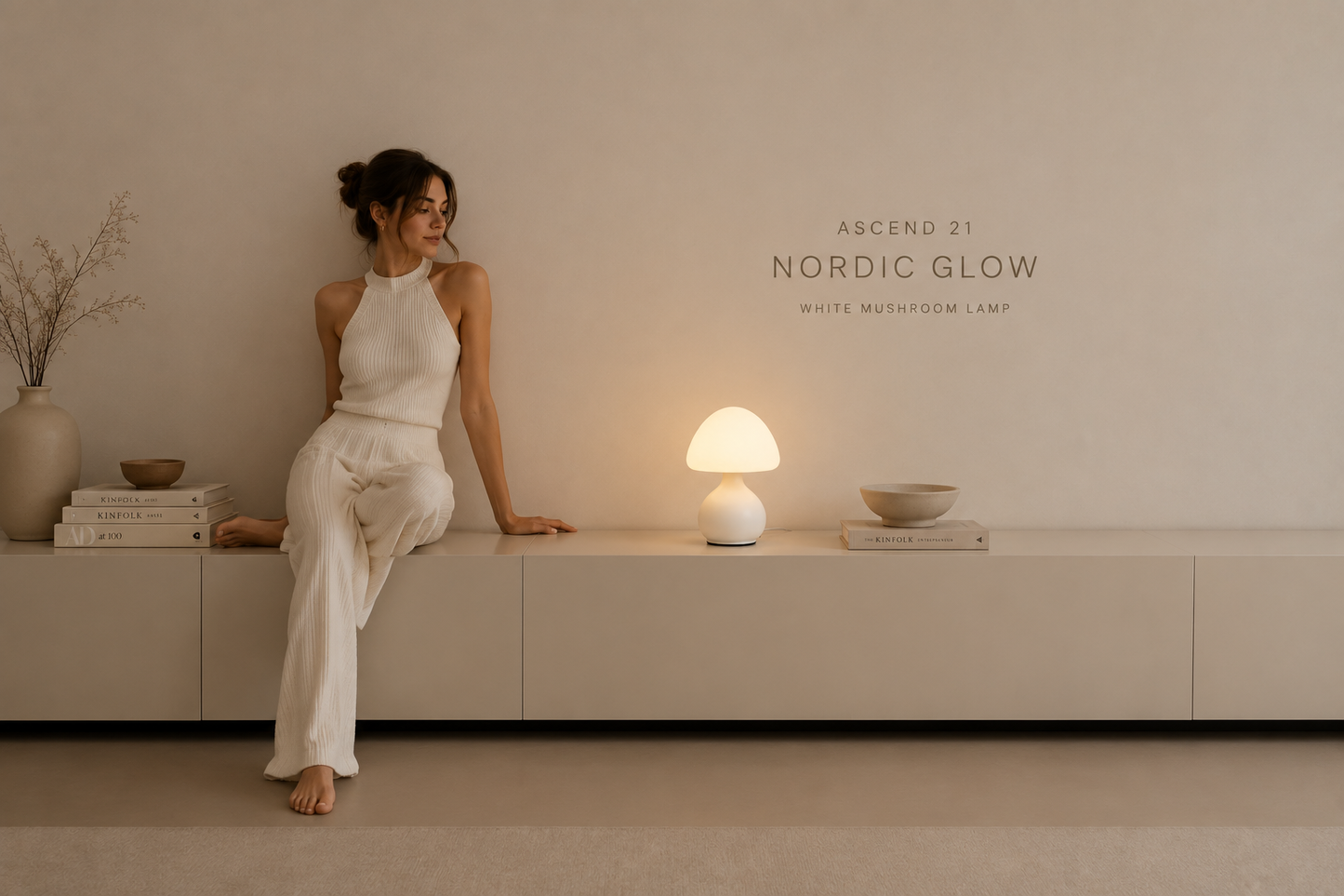 ASCEND 21 Nordic Glow – Weiße Design Pilzlampe mit LED – Minimalistische Tischlampe im Skandinavischen Stil – USB-Tischlampe mit 3 Lichtfarben & Dimmfunktion – 19,5 cm – Modernes Wohnaccessoire