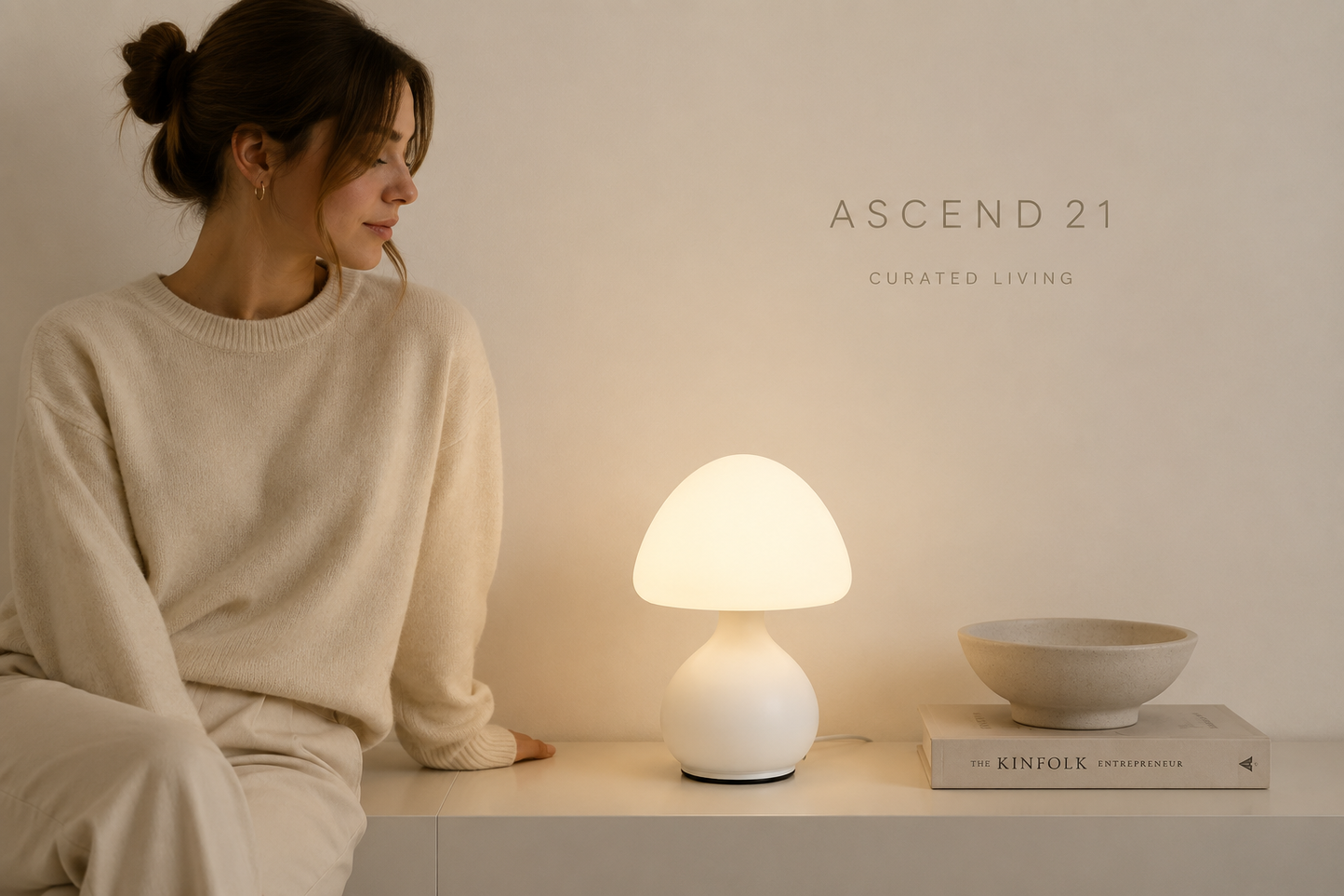 ASCEND 21 Nordic Glow – Weiße Design Pilzlampe mit LED – Minimalistische Tischlampe im Skandinavischen Stil – USB-Tischlampe mit 3 Lichtfarben & Dimmfunktion – 19,5 cm – Modernes Wohnaccessoire