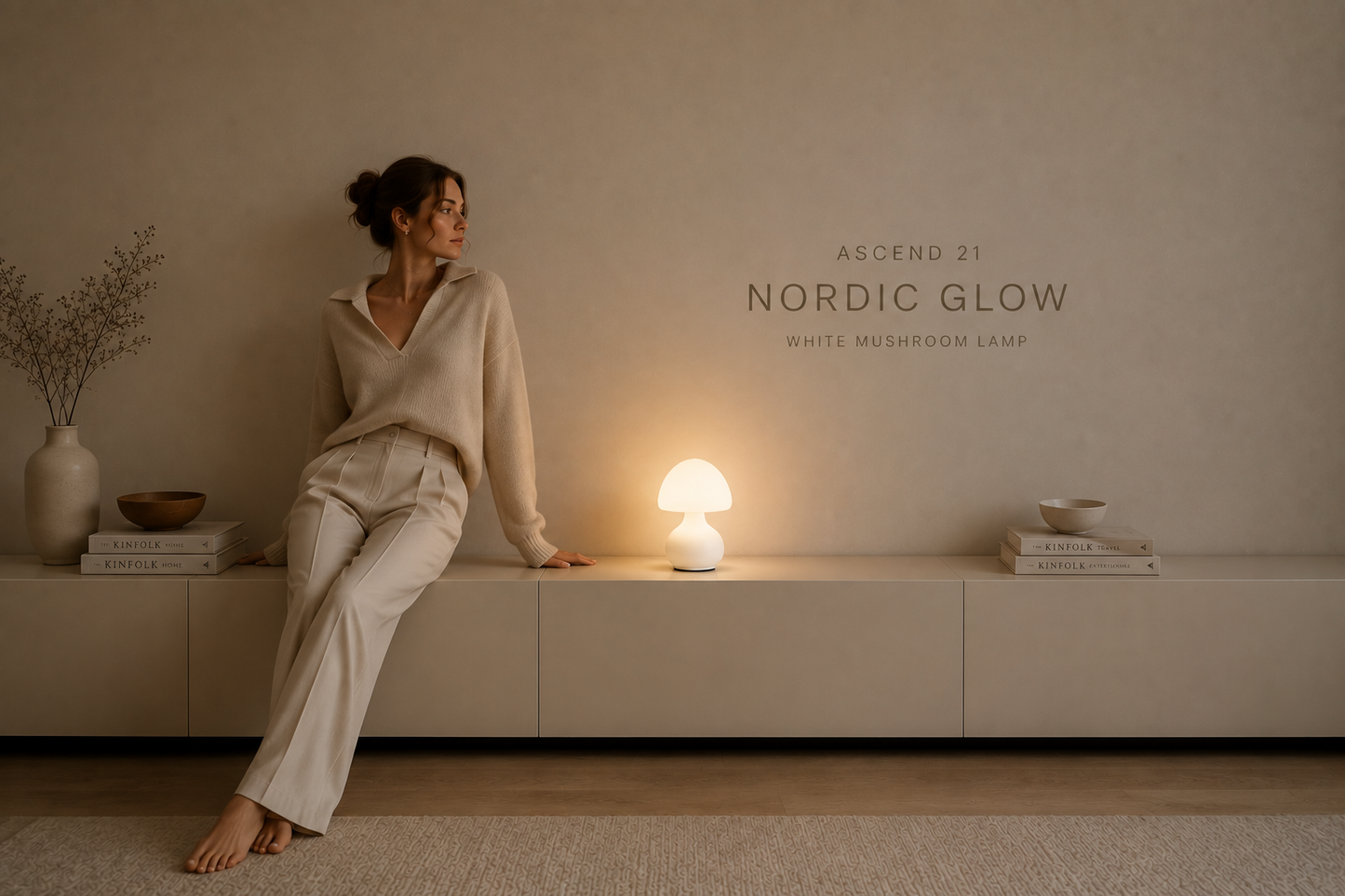 ASCEND 21 Nordic Glow – Weiße Design Pilzlampe mit LED – Minimalistische Tischlampe im Skandinavischen Stil – USB-Tischlampe mit 3 Lichtfarben & Dimmfunktion – 19,5 cm – Modernes Wohnaccessoire