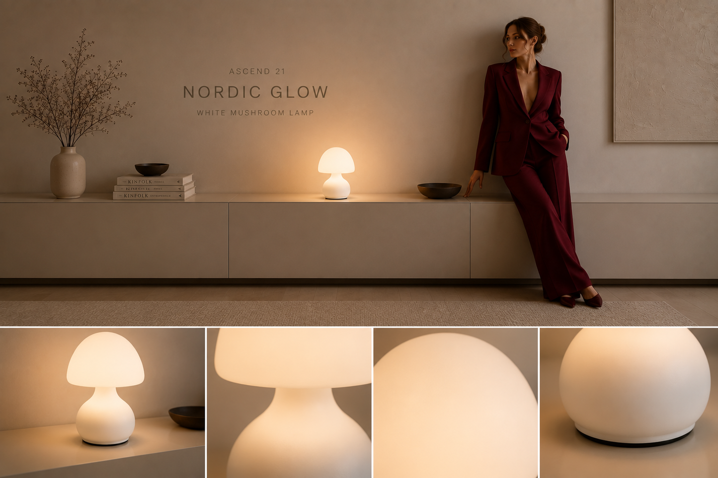 ASCEND 21 Nordic Glow – Weiße Design Pilzlampe mit LED – Minimalistische Tischlampe im Skandinavischen Stil – USB-Tischlampe mit 3 Lichtfarben & Dimmfunktion – 19,5 cm – Modernes Wohnaccessoire