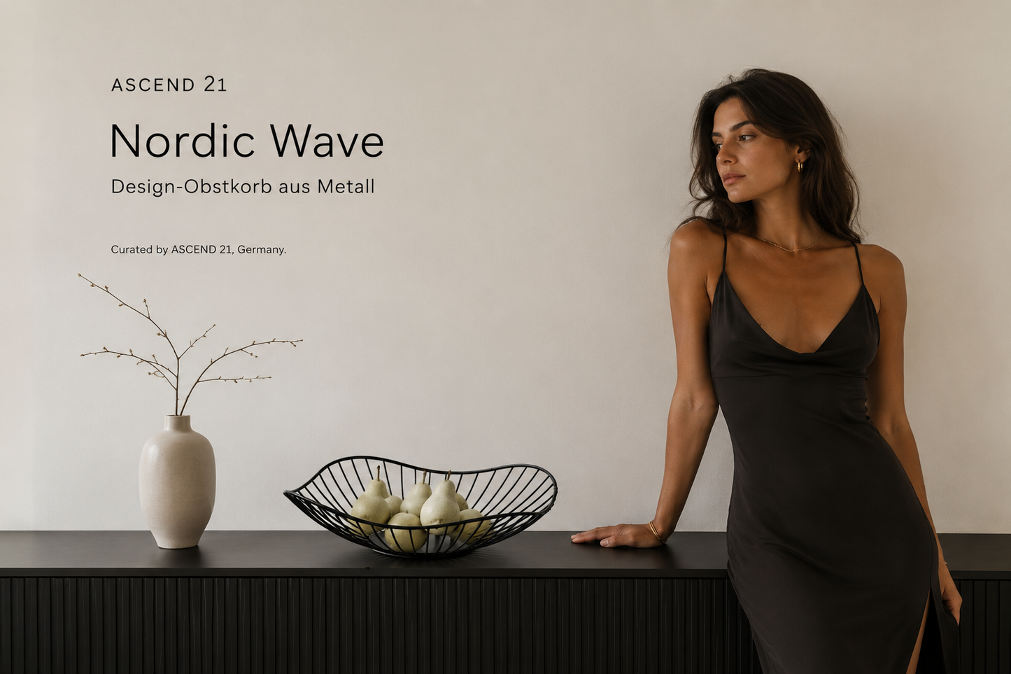 ASCEND 21 Nordic Wave – Design Obstkorb aus Metall – Dekorativer Brotkorb & Obstschale – Moderne Drahtschale in Mattschwarz – Minimalistische Dekoschale für Küche, Esstisch & Wohnzimmer – 37 cm