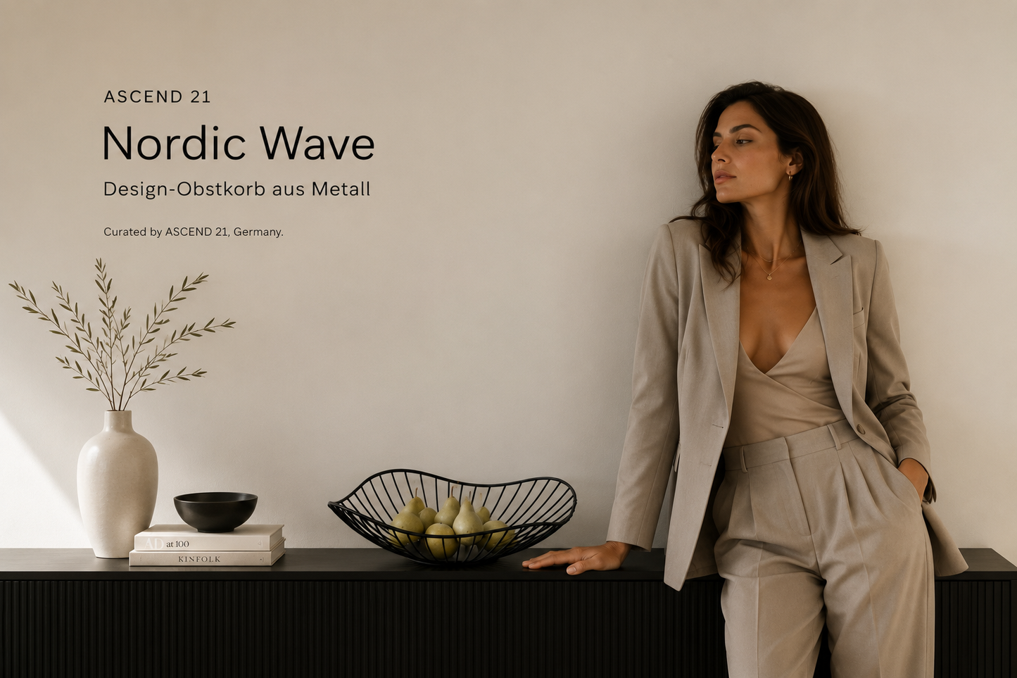 ASCEND 21 Nordic Wave – Design Obstkorb aus Metall – Dekorativer Brotkorb & Obstschale – Moderne Drahtschale in Mattschwarz – Minimalistische Dekoschale für Küche, Esstisch & Wohnzimmer – 37 cm