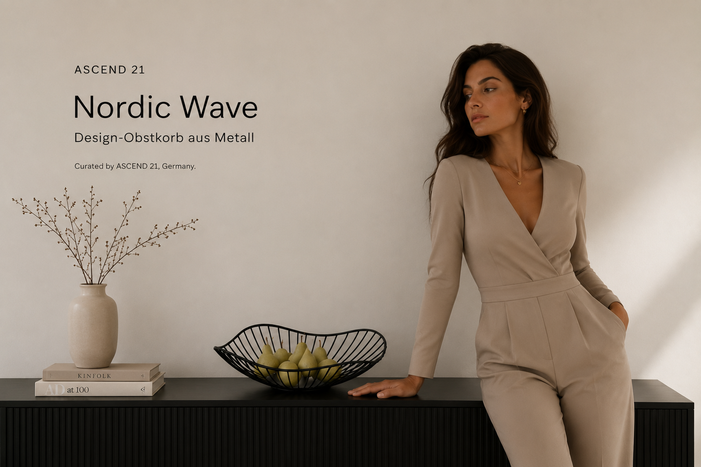 ASCEND 21 Nordic Wave – Design Obstkorb aus Metall – Dekorativer Brotkorb & Obstschale – Moderne Drahtschale in Mattschwarz – Minimalistische Dekoschale für Küche, Esstisch & Wohnzimmer – 37 cm