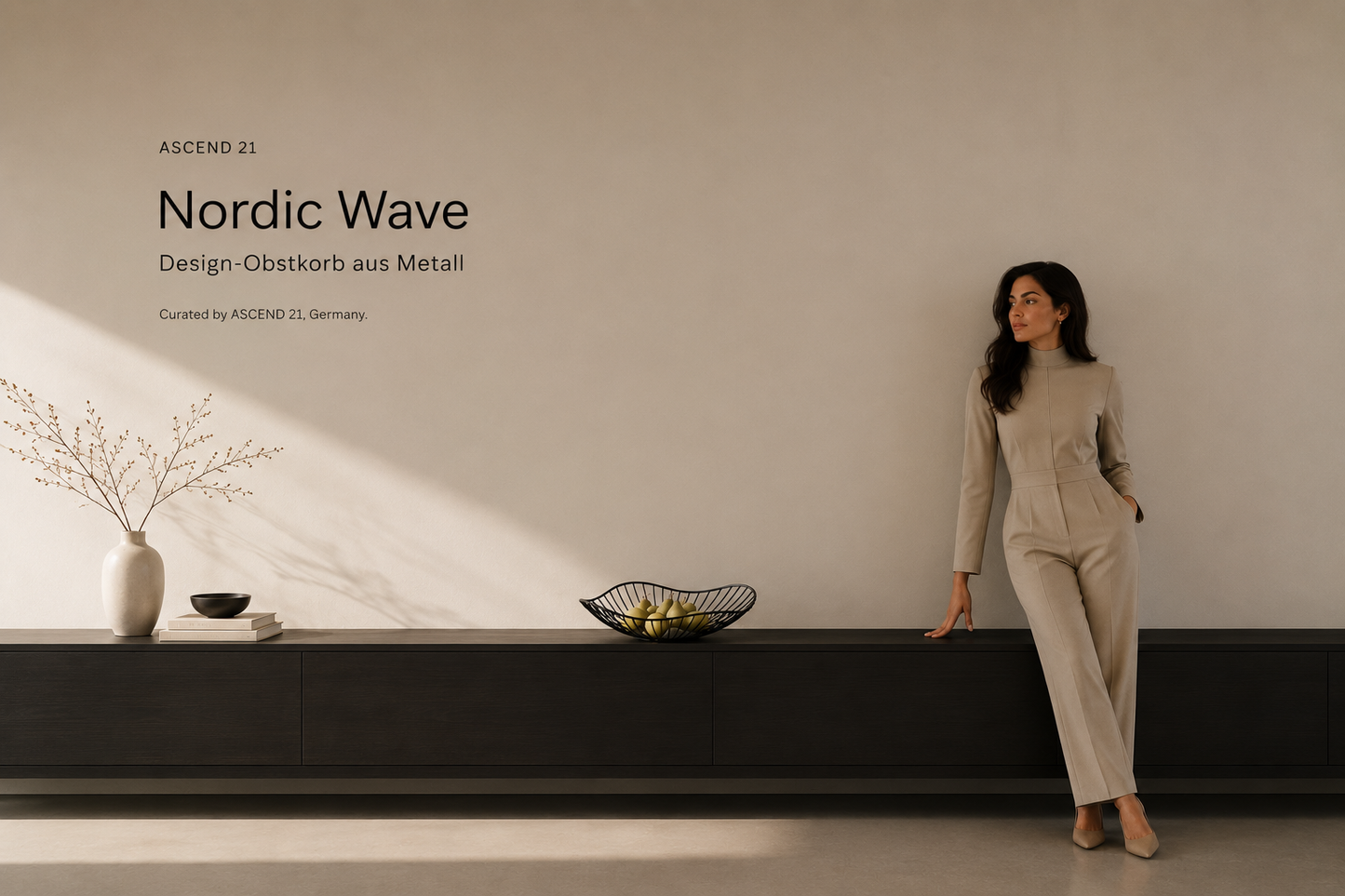 ASCEND 21 Nordic Wave – Design Obstkorb aus Metall – Dekorativer Brotkorb & Obstschale – Moderne Drahtschale in Mattschwarz – Minimalistische Dekoschale für Küche, Esstisch & Wohnzimmer – 37 cm