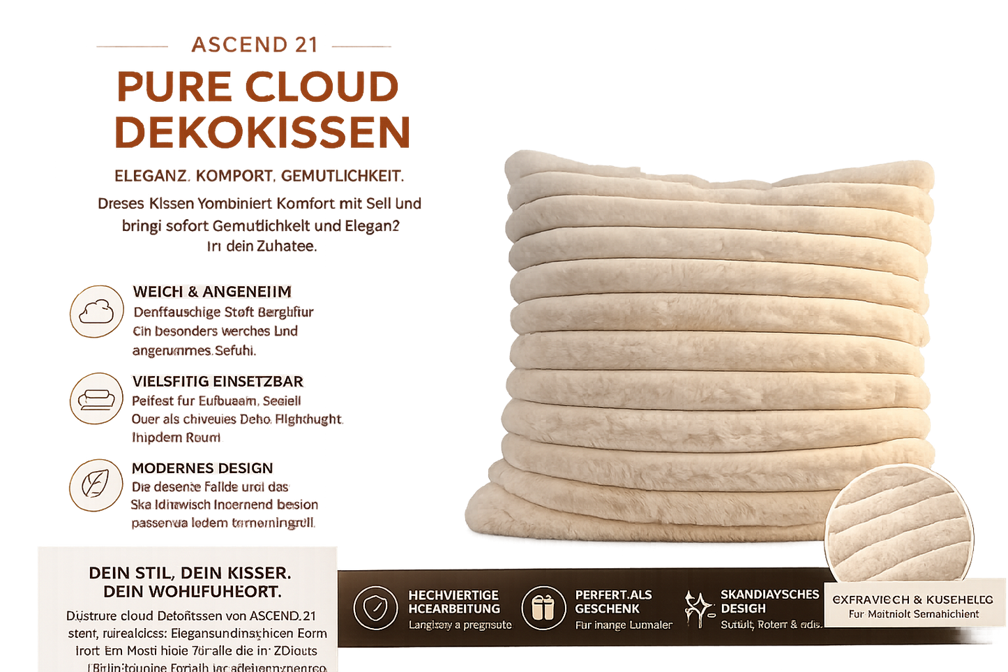 ASCEND 21 Pure Cloud Dekokissen – Weiches Sofakissen im skandinavischen Design – Modernes Zierkissen für Sofa, Bett & Sessel – Elegantes Wohnkissen für Wohnzimmer und Schlafzimmer