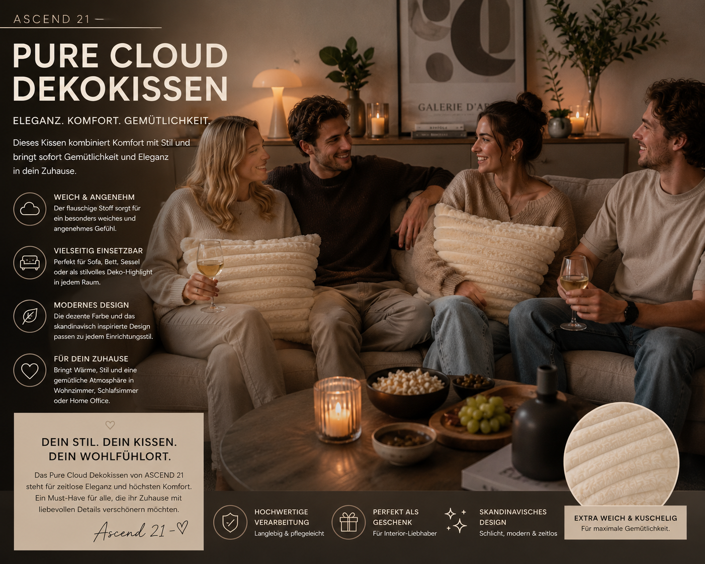 ASCEND 21 Pure Cloud Dekokissen – Weiches Sofakissen im skandinavischen Design – Modernes Zierkissen für Sofa, Bett & Sessel – Elegantes Wohnkissen für Wohnzimmer und Schlafzimmer