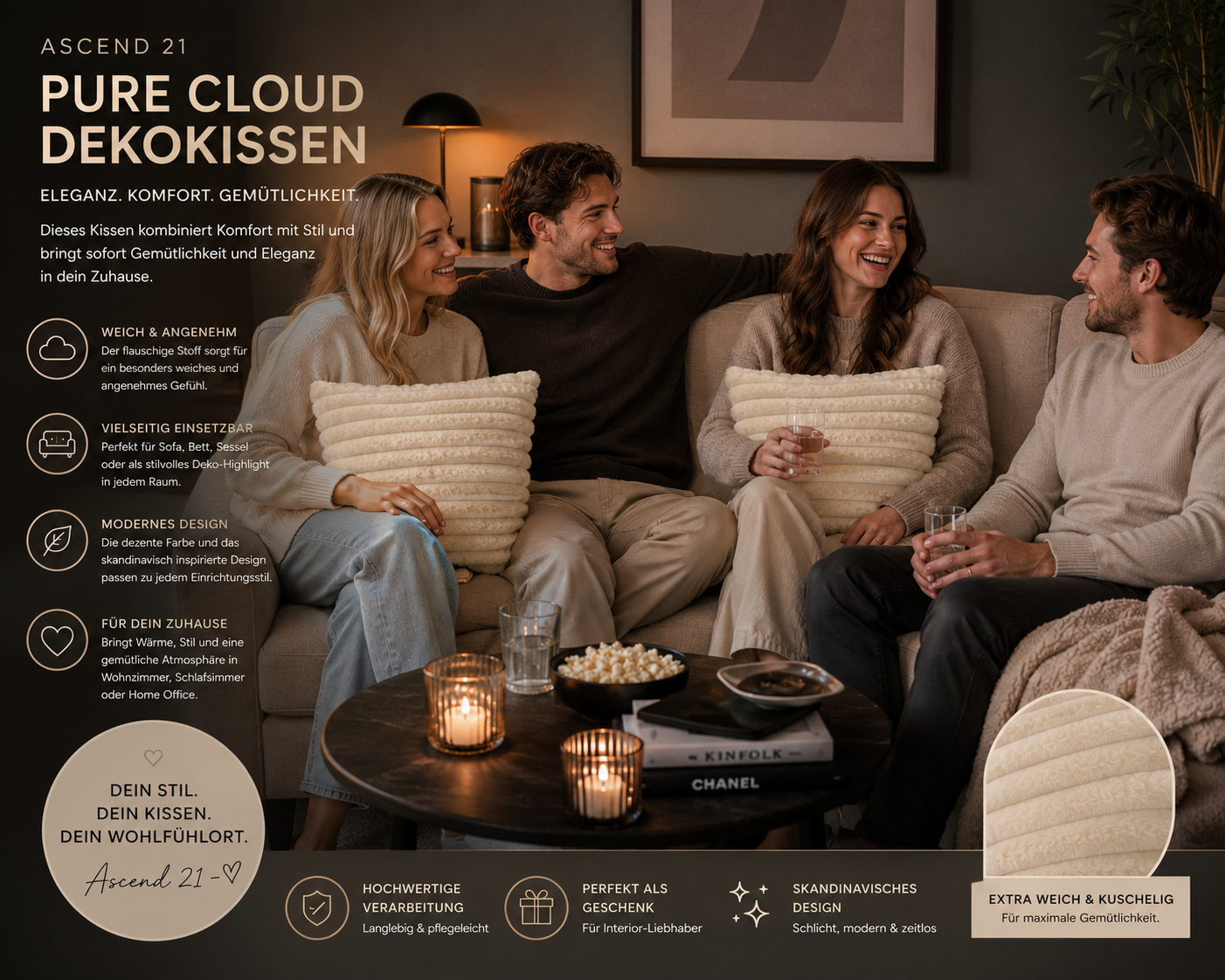 ASCEND 21 Pure Cloud Dekokissen – Weiches Sofakissen im skandinavischen Design – Modernes Zierkissen für Sofa, Bett & Sessel – Elegantes Wohnkissen für Wohnzimmer und Schlafzimmer
