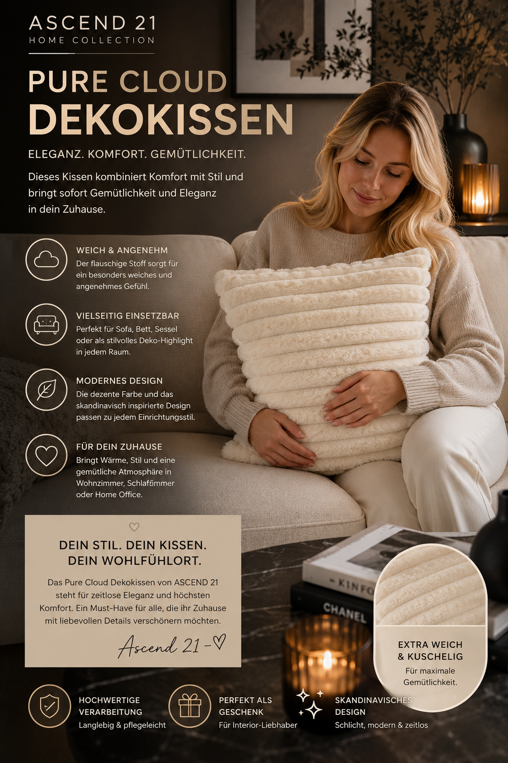 ASCEND 21 Pure Cloud Dekokissen – Weiches Sofakissen im skandinavischen Design – Modernes Zierkissen für Sofa, Bett & Sessel – Elegantes Wohnkissen für Wohnzimmer und Schlafzimmer