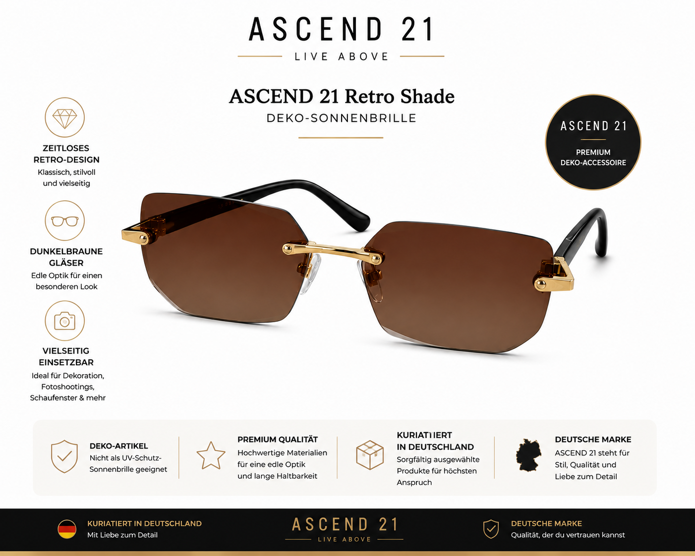 ASCEND 21 Retro Shade Deko-Sonnenbrille – Dunkelbraune Gläser im klassischen Vintage-Design – Stylische Dekobrille für Fotografie, Schaufenster, Requisiten & kreative Raumgestaltung