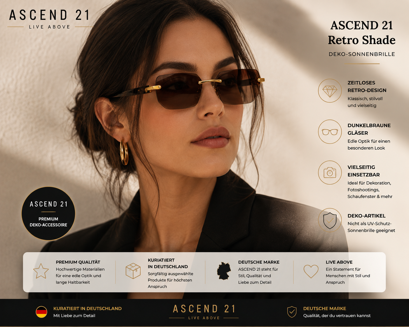 ASCEND 21 Retro Shade Deko-Sonnenbrille – Dunkelbraune Gläser im klassischen Vintage-Design – Stylische Dekobrille für Fotografie, Schaufenster, Requisiten & kreative Raumgestaltung