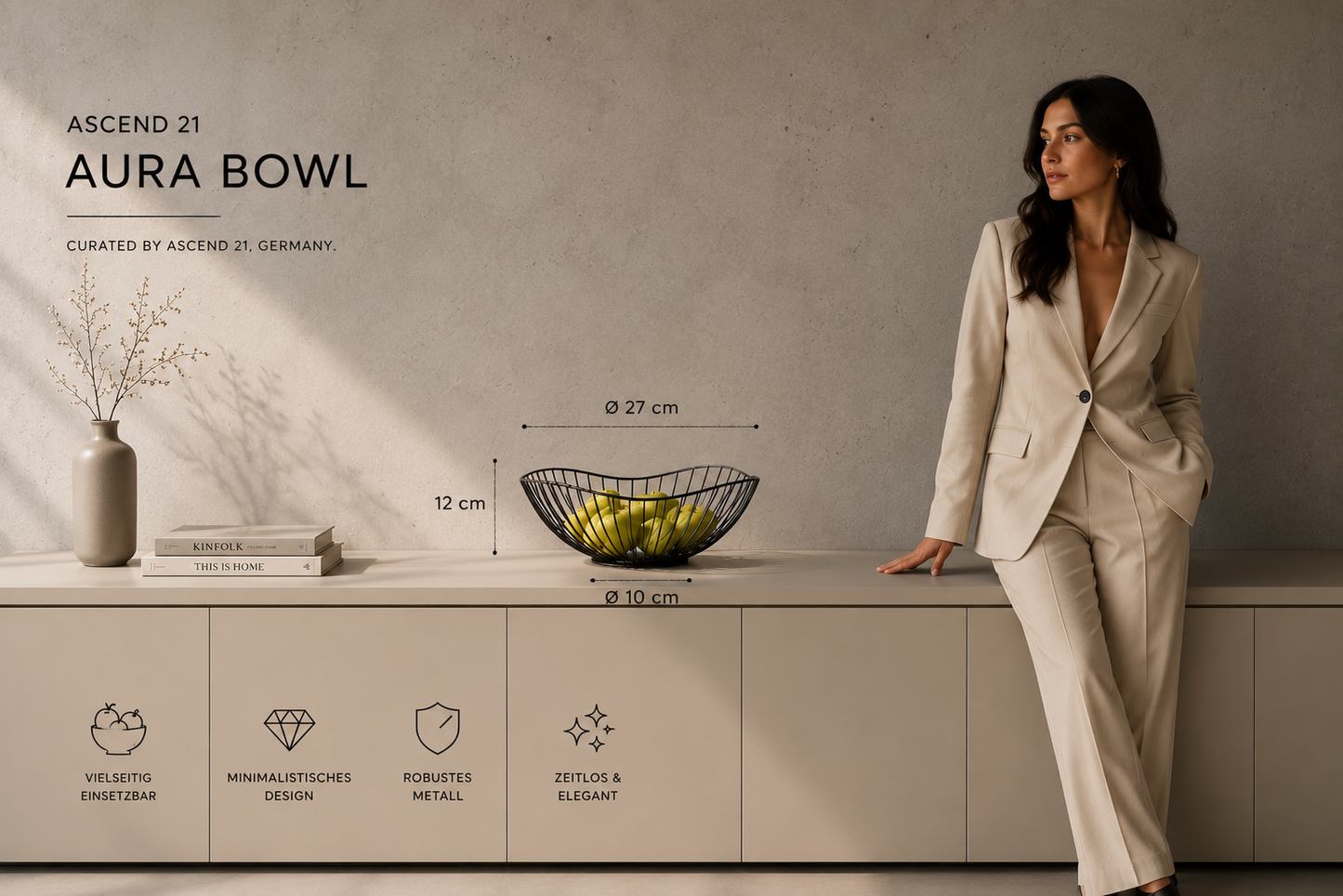 ASCEND 21 Aura Bowl – Design Obstkorb aus Metall, Schwarz – Moderner Obstkorb Ø 27 cm – Dekorative Obstschale & Brotkorb im minimalistischen Skandi-Design für Küche, Esstisch & Wohnzimmer