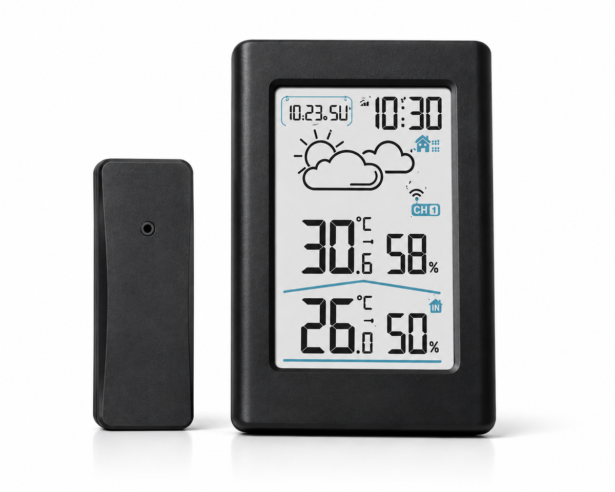 ASCEND 21 Nordic Climate Digitale Wetterstation mit Außensensor – Funkwetterstation mit Thermometer; Hygrometer – Innen- und Außentemperatur, Luftfeuchtigkeit, Uhrzeit; Wetteranzeige – Schwarz