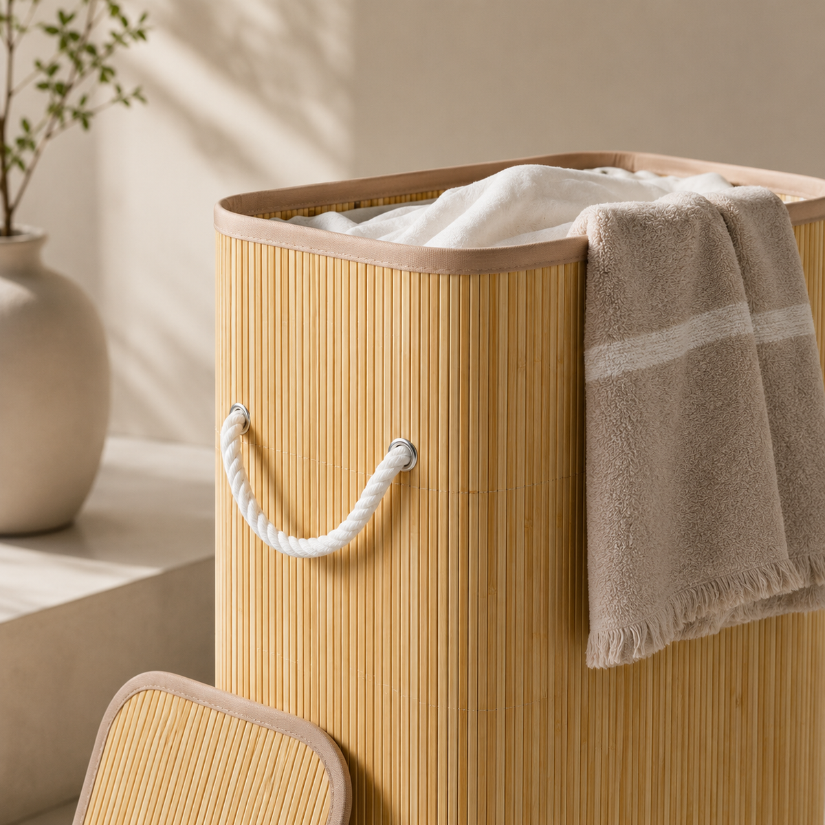 ASCEND 21 Nordic Laundry Wäschekorb mit Deckel 60 L – Schmaler Wäschesammler aus Bambus – Rechteckiger Wäschebehälter mit Tragegriffen für Bad, Schlafzimmer & Waschküche – Natur