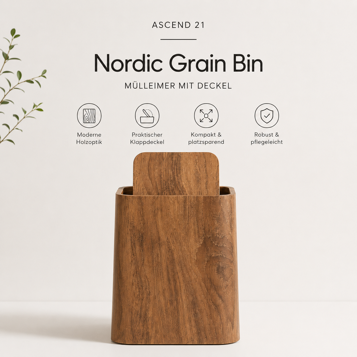 ASCEND 21 Nordic Grain Bin Mülleimer mit Deckel – Moderner Abfalleimer in Holzoptik – Kompakter Papierkorb aus Kunststoff für Badezimmer, Schlafzimmer, Büro & Wohnzimmer – Braun
