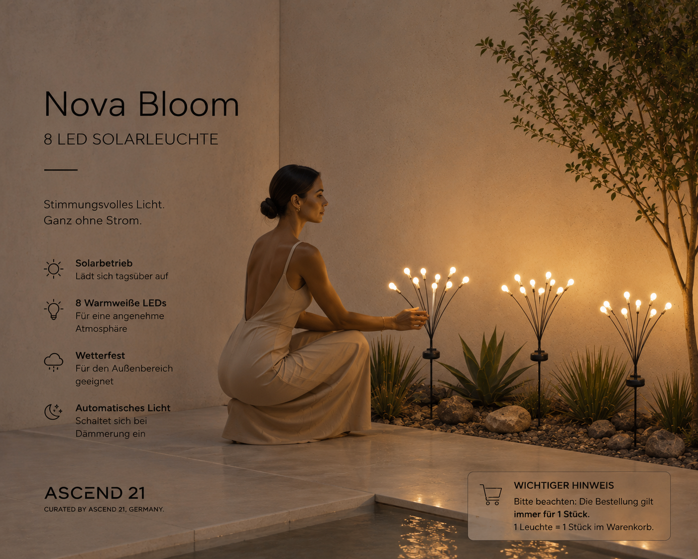 ASCEND 21 Nova Bloom Solarleuchte – 8 LED Gartenleuchte für Außen – Dekorative Solar-Gartenlampe mit warmweißem Licht – Wetterfest – Ideal für Garten, Beet, Balkon & Terrasse