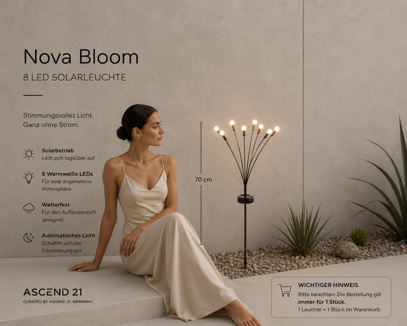 ASCEND 21 Nova Bloom Solarleuchte – 8 LED Gartenleuchte für Außen – Dekorative Solar-Gartenlampe mit warmweißem Licht – Wetterfest – Ideal für Garten, Beet, Balkon & Terrasse