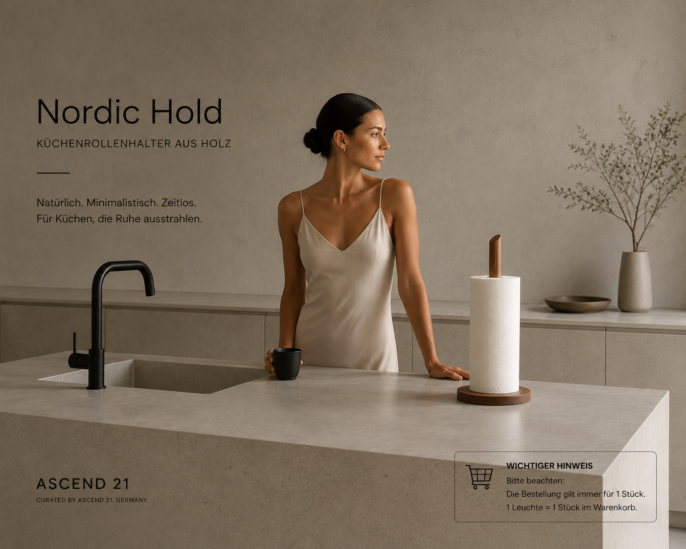 ASCEND 21 Nordic Hold – Küchenrollenhalter aus Holz – Minimalistischer Küchenpapierhalter aus Massivholz – Freistehend – Modernes Design für Küche, Esstisch & Arbeitsplatte