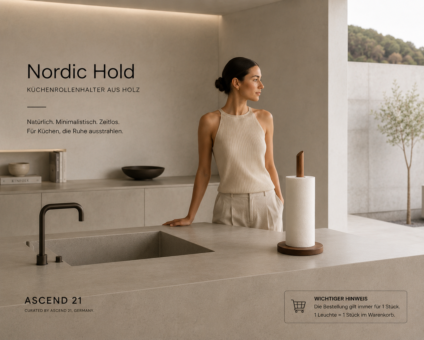 ASCEND 21 Nordic Hold – Küchenrollenhalter aus Holz – Minimalistischer Küchenpapierhalter aus Massivholz – Freistehend – Modernes Design für Küche, Esstisch & Arbeitsplatte