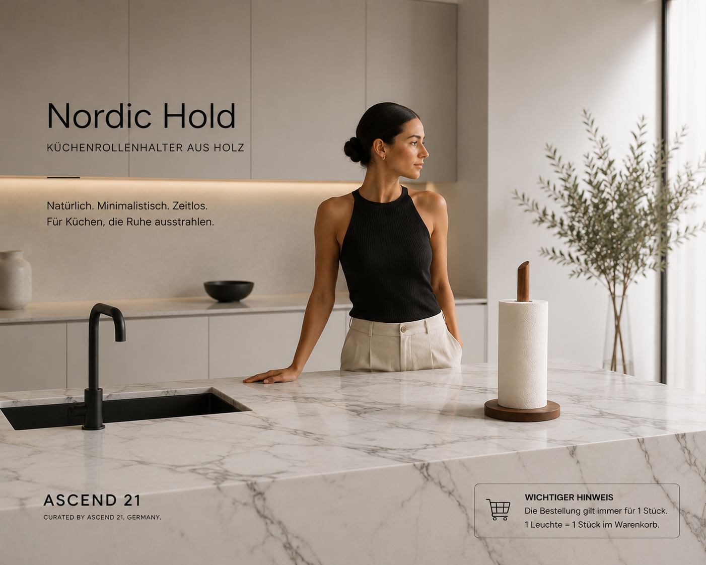 ASCEND 21 Nordic Hold – Küchenrollenhalter aus Holz – Minimalistischer Küchenpapierhalter aus Massivholz – Freistehend – Modernes Design für Küche, Esstisch & Arbeitsplatte