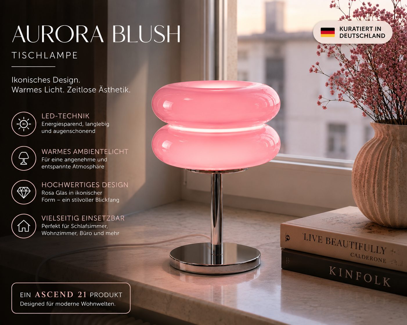 ASCEND 21 Aurora Blush Tischlampe Rosa – Retro Glaslampe mit warmem Ambientelicht – Design Tischleuchte im Vintage Stil für Schlafzimmer, Wohnzimmer & modernes Interior