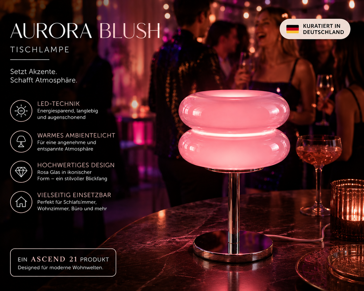 ASCEND 21 Aurora Blush Tischlampe Rosa – Retro Glaslampe mit warmem Ambientelicht – Design Tischleuchte im Vintage Stil für Schlafzimmer, Wohnzimmer & modernes Interior