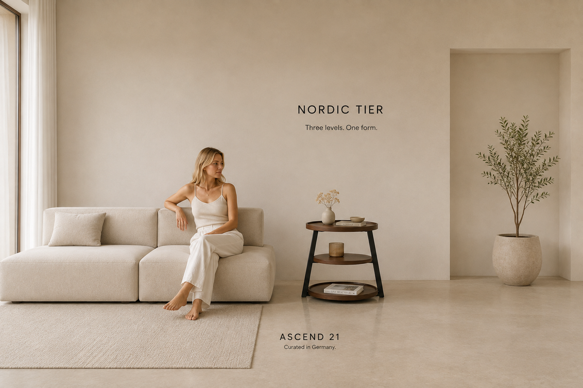 ASCEND 21 Nordic Tier Beistelltisch – Runder Ablagetisch mit 3 Ebenen – Holzoptik mit Metallgestell – Moderner Sofatisch für Wohnzimmer & Schlafzimmer