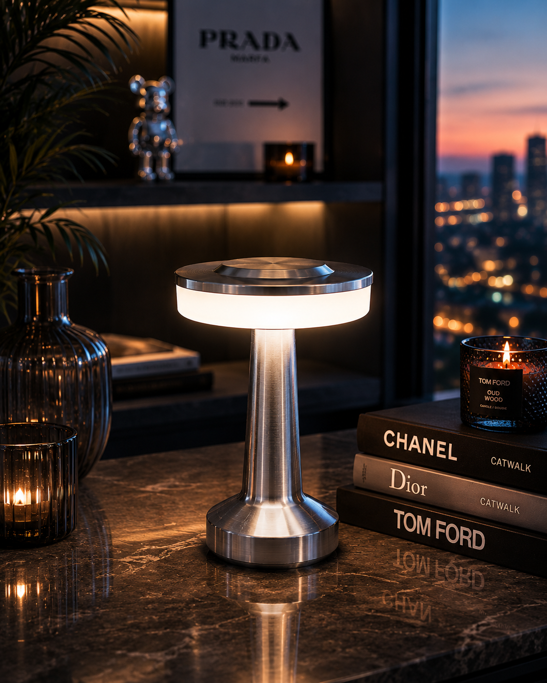 ASCEND 21 Galactic Glow LED Tischlampe Silber – Futuristische Designlampe mit Ambientelicht – Dimmbare Tischleuchte mit Farbmodi für Schlafzimmer, Wohnzimmer & modernes Interior
