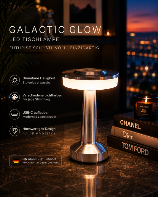 ASCEND 21 Galactic Glow LED Tischlampe Silber – Futuristische Designlampe mit Ambientelicht – Dimmbare Tischleuchte mit Farbmodi für Schlafzimmer, Wohnzimmer & modernes Interior