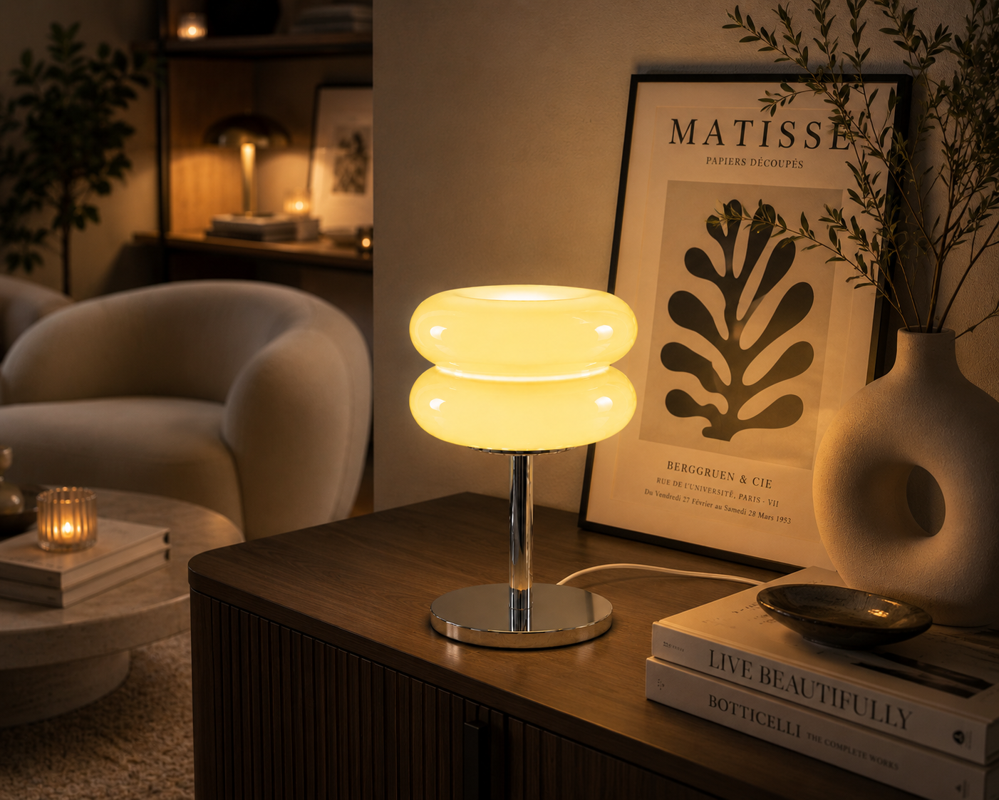 ASCEND 21 Aurora Soleil Tischlampe Gelb – Retro Glaslampe mit warmem Ambientelicht – Design Tischleuchte im Vintage Stil für Schlafzimmer, Wohnzimmer & modernes Interior