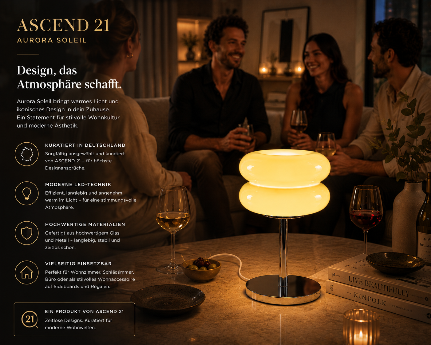 ASCEND 21 Aurora Soleil Tischlampe Gelb – Retro Glaslampe mit warmem Ambientelicht – Design Tischleuchte im Vintage Stil für Schlafzimmer, Wohnzimmer & modernes Interior