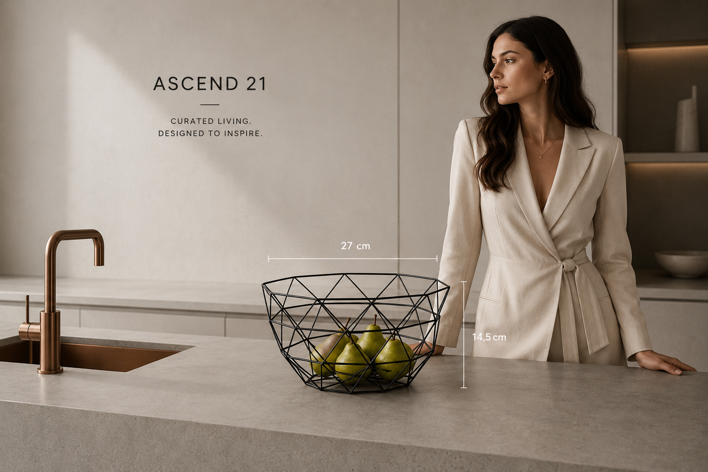 ASCEND 21 Geo Frame – Geometrischer Design-Obstkorb aus Metall – Moderner Drahtkorb für Obst, Brot & Snacks – Dekorativer Metallkorb für Küche, Esstisch & Sideboard – Schwarz
