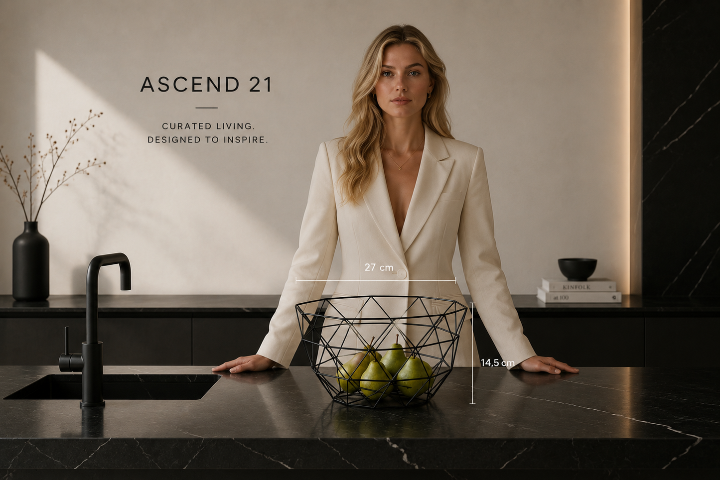 ASCEND 21 Geo Frame – Geometrischer Design-Obstkorb aus Metall – Moderner Drahtkorb für Obst, Brot & Snacks – Dekorativer Metallkorb für Küche, Esstisch & Sideboard – Schwarz