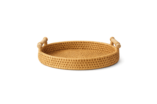 ASCEND 21 Natura Tray – Handgewebtes Rattan Tablett mit Griffen – Runde Deko-Ablage für Küche, Wohnzimmer & Bad – Natürliches Serviertablett für Obst, Kerzen & Wohnaccessoires – Ø 22 cm