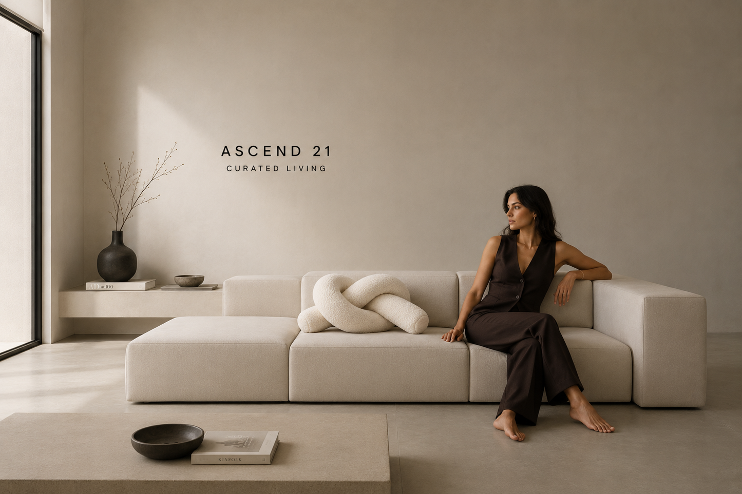 ASCEND 21 Nordic Knot – Dekoratives Knoten-Kissen aus weichem Bouclé-Stoff – Modernes Sofakissen im skandinavischen Design – Kuscheliges Wohnaccessoire für Sofa, Bett & Sessel – Cremeweiß