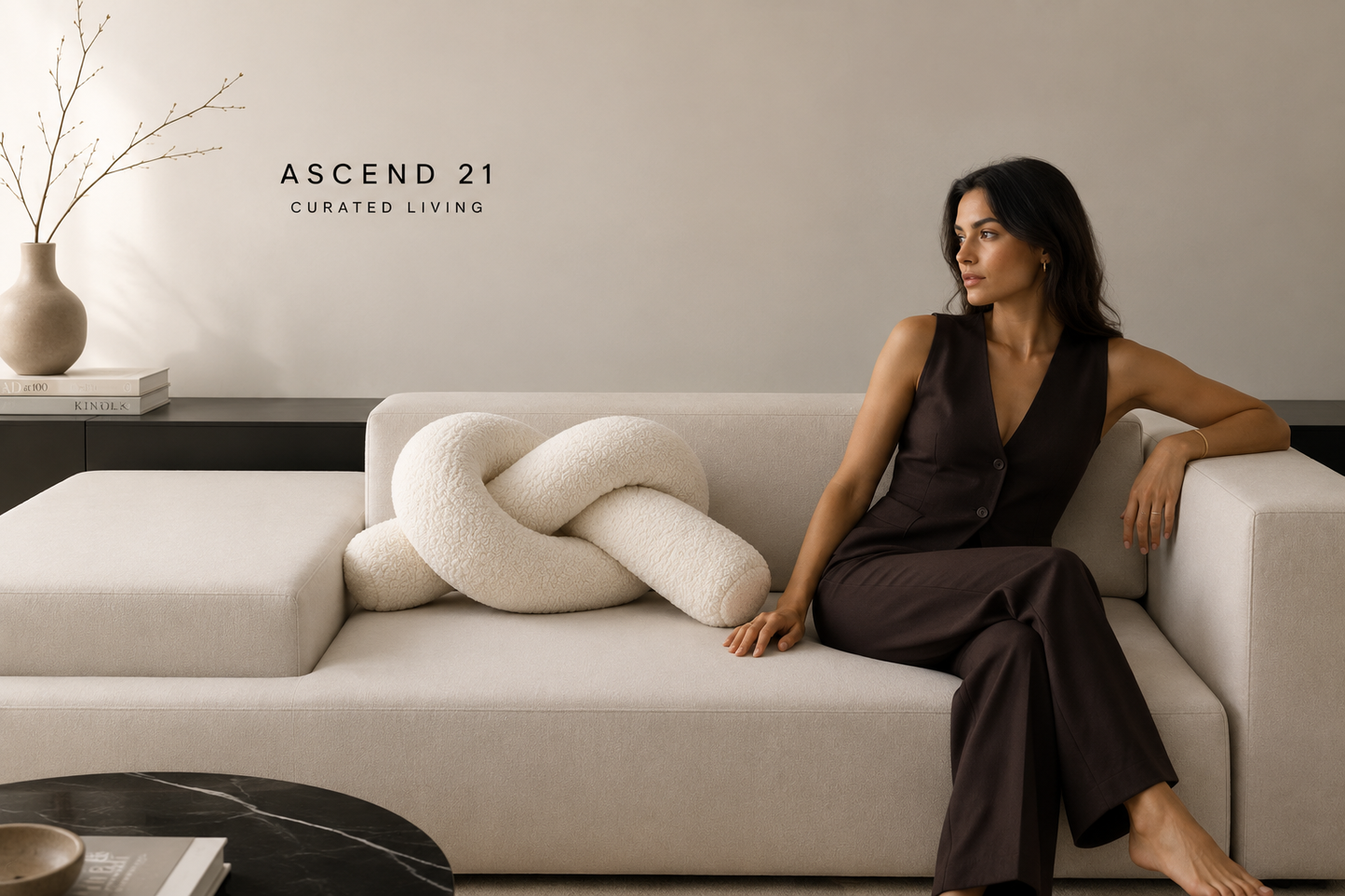 ASCEND 21 Nordic Knot – Dekoratives Knoten-Kissen aus weichem Bouclé-Stoff – Modernes Sofakissen im skandinavischen Design – Kuscheliges Wohnaccessoire für Sofa, Bett & Sessel – Cremeweiß