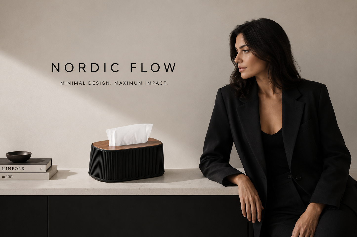 ASCEND 21 Nordic Flow – Design Taschentuchbox mit Holzdeckel – Moderne Kosmetiktücher Box in Schwarz – Dekorative Tissue Box für Badezimmer, Wohnzimmer, Büro & Schlafzimmer – Nachfüllbarer Tuchspender