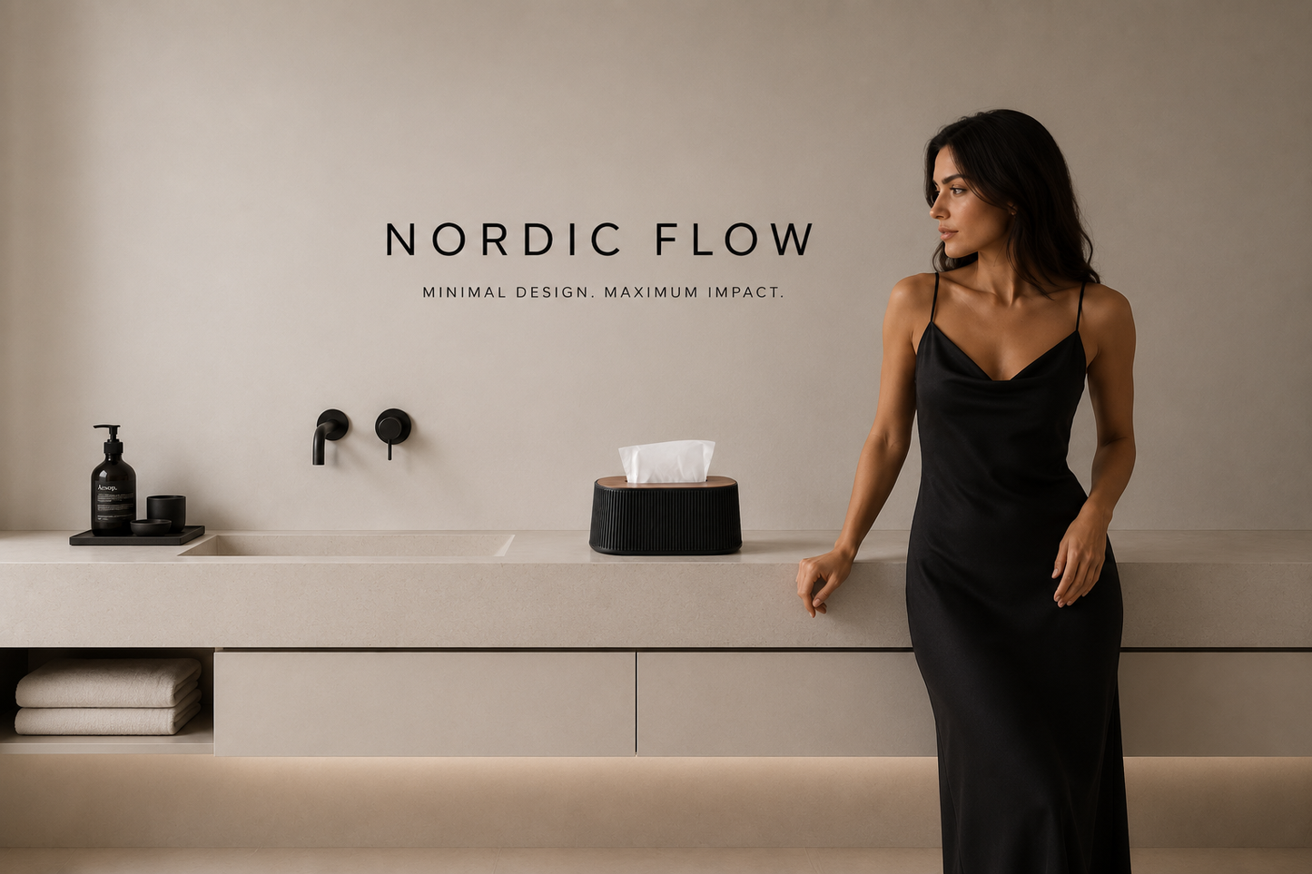 ASCEND 21 Nordic Flow – Design Taschentuchbox mit Holzdeckel – Moderne Kosmetiktücher Box in Schwarz – Dekorative Tissue Box für Badezimmer, Wohnzimmer, Büro & Schlafzimmer – Nachfüllbarer Tuchspender
