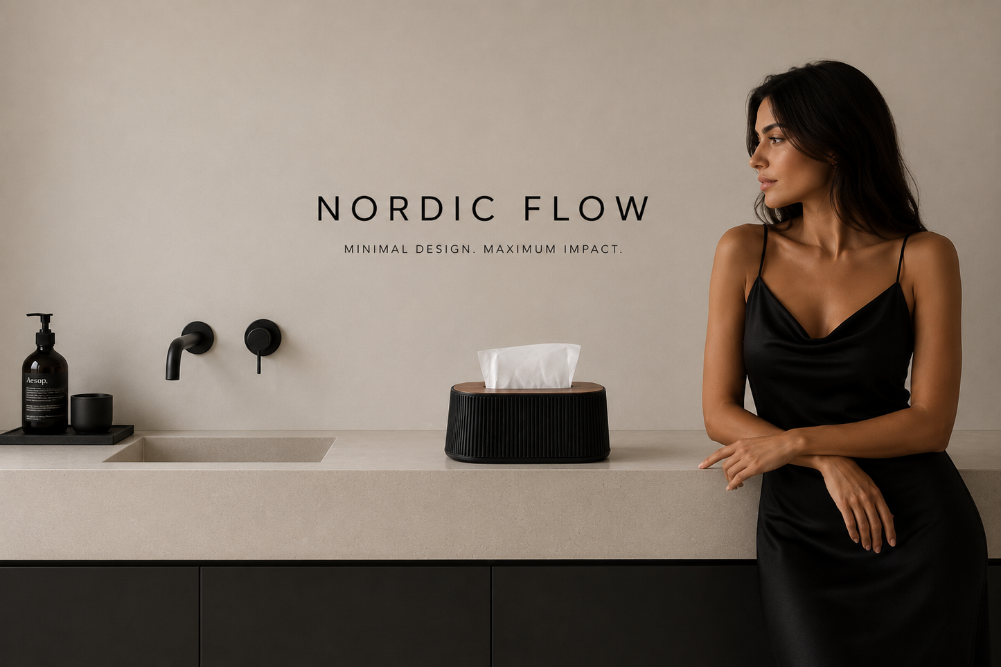 ASCEND 21 Nordic Flow – Design Taschentuchbox mit Holzdeckel – Moderne Kosmetiktücher Box in Schwarz – Dekorative Tissue Box für Badezimmer, Wohnzimmer, Büro & Schlafzimmer – Nachfüllbarer Tuchspender