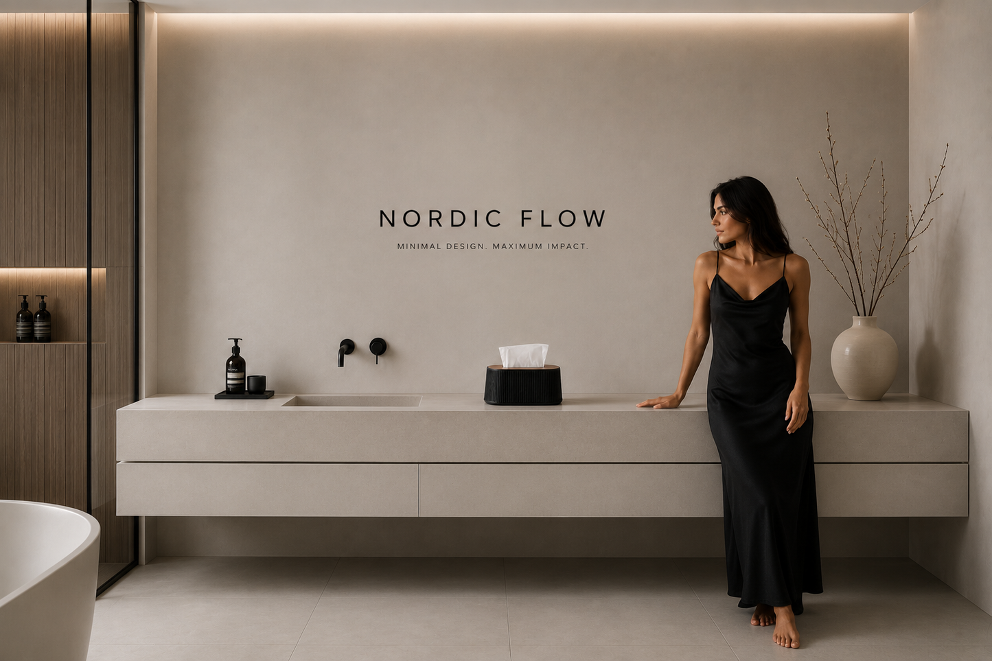 ASCEND 21 Nordic Flow – Design Taschentuchbox mit Holzdeckel – Moderne Kosmetiktücher Box in Schwarz – Dekorative Tissue Box für Badezimmer, Wohnzimmer, Büro & Schlafzimmer – Nachfüllbarer Tuchspender