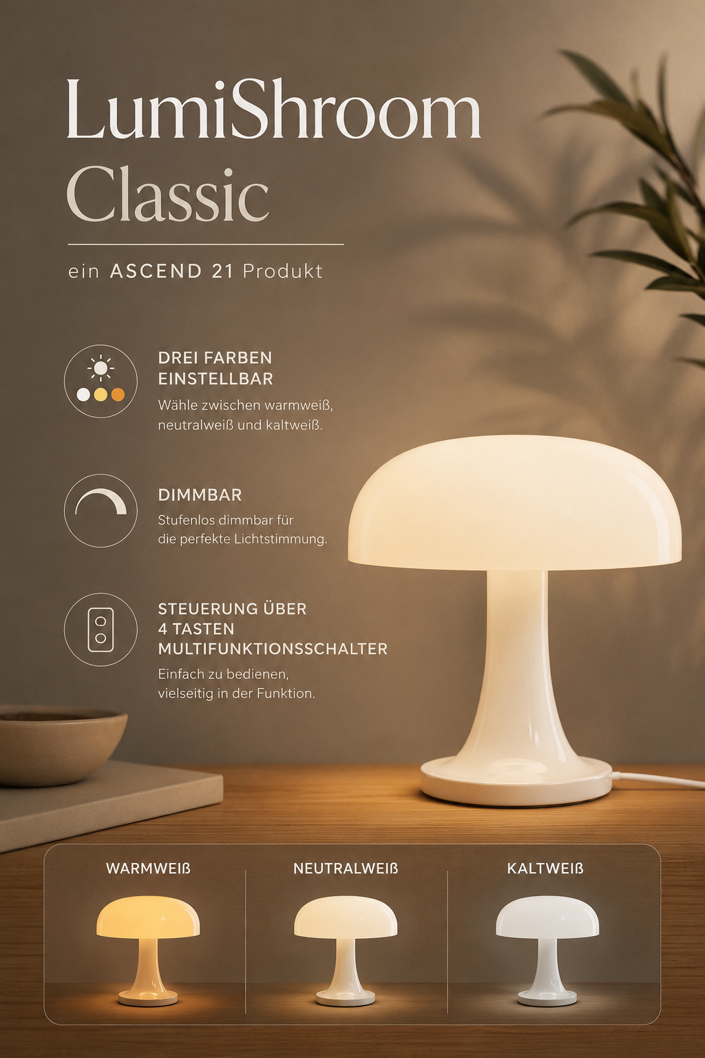 LumiShroom Classic – Zeitlose Retro-Ästhetik in modernem Weiß