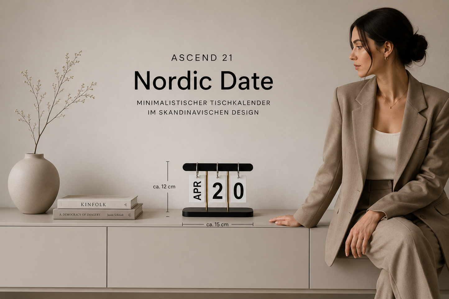ASCEND 21 Nordic Date – Minimalistischer Tischkalender im skandinavischen Design – Ewiger Kalender aus Holz – Manueller Datumskalender für Schreibtisch, Wohnzimmer, Büro & Home Office – Schwarz